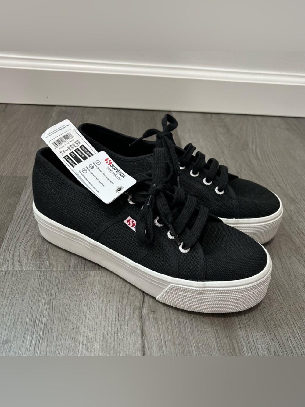 Superga Black Canvas Platform Sneakers with White Sole